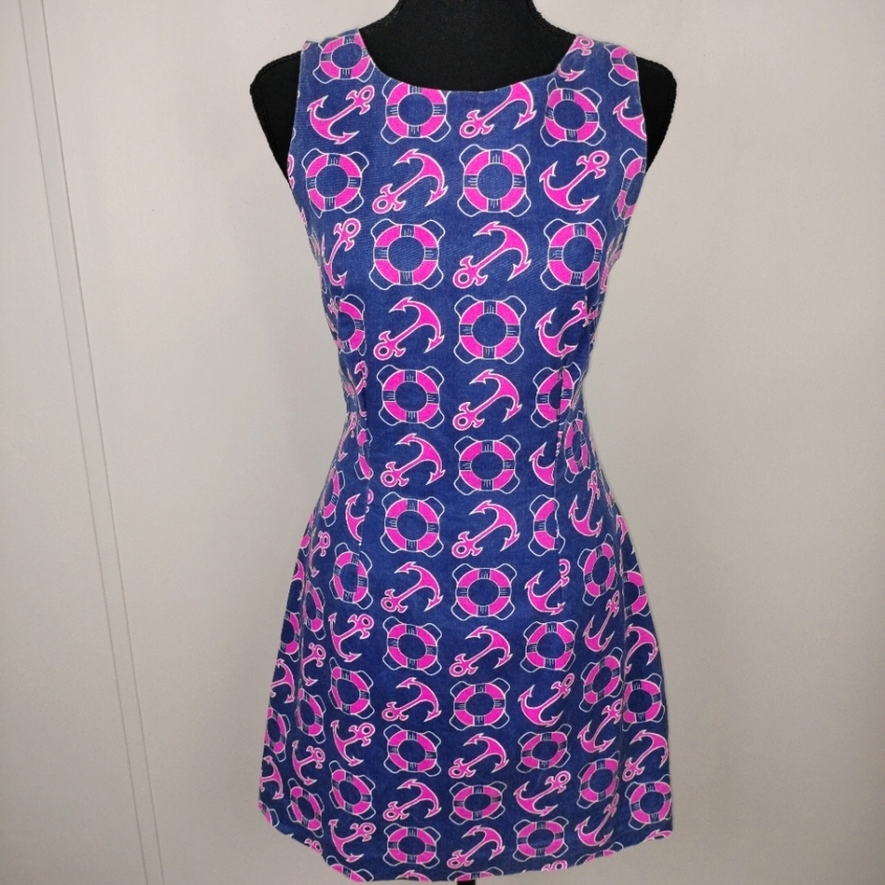 Macbeth Collection Denim w/ Hot Pink Buoy and Anchor Pattern Dress Sz. S